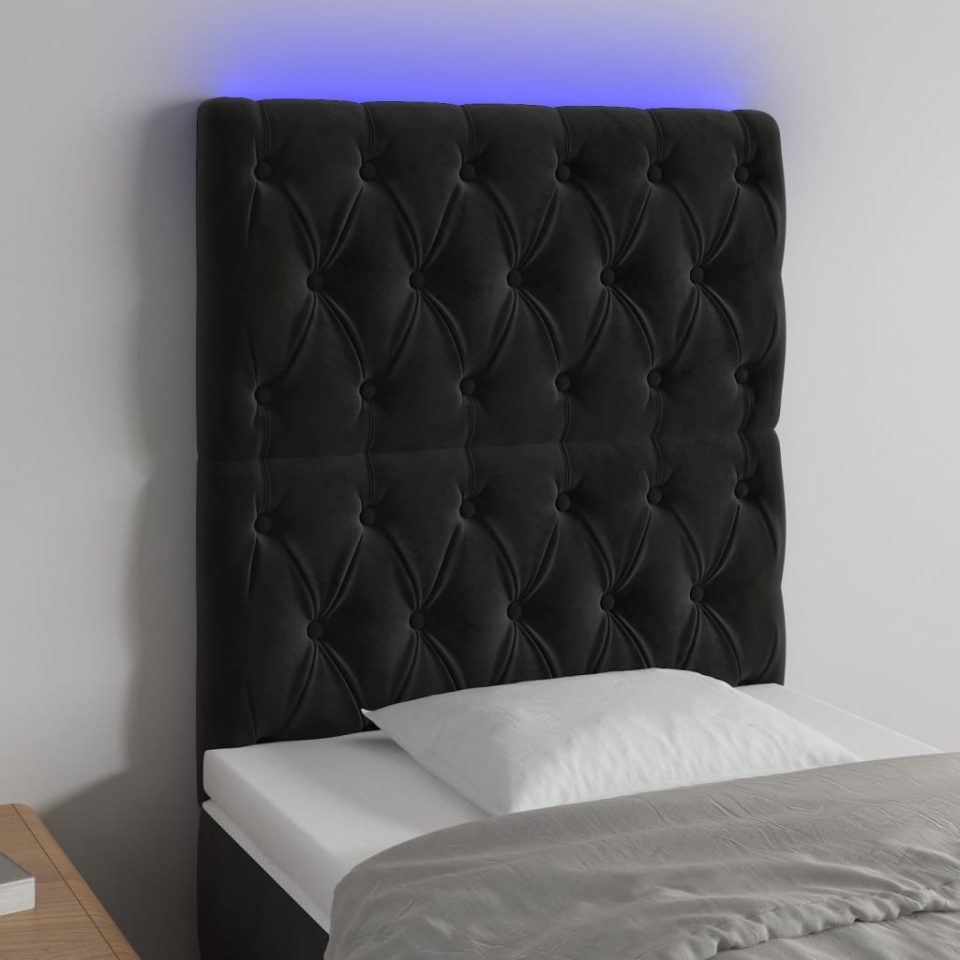 Tăblie de pat cu LED, negru, 80x7x118/128 cm, catifea