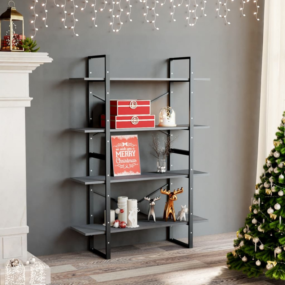 Bibliotecă cu 4 rafturi, gri, 100x30x140 cm, lemn masiv de pin