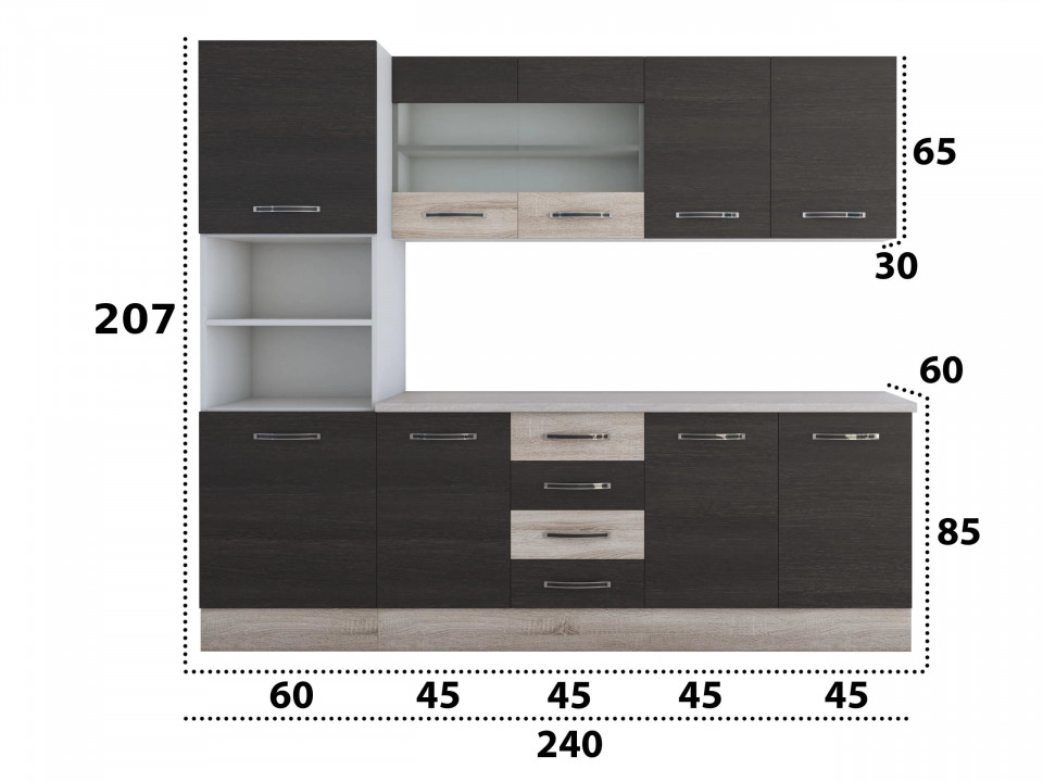 Bucatarie Alfa 240, Soldat, Cu vitrina, Wenge/Sonoma, Blat termic travertin