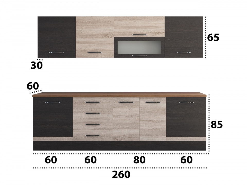 Bucatarie Alfa 260, Cu vitrina, Sonoma/Wenge, Blat termic nuc