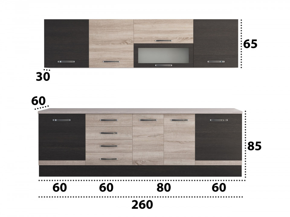 Bucatarie Alfa 260, Cu vitrina, Sonoma/Wenge, Blat termic travertin