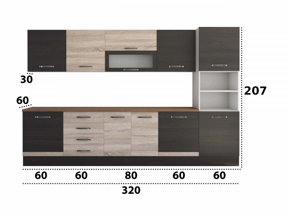 Bucatarie Alfa 320, sonoma/wenge, blat termic nuc, corp pentru cuptor incorporabil