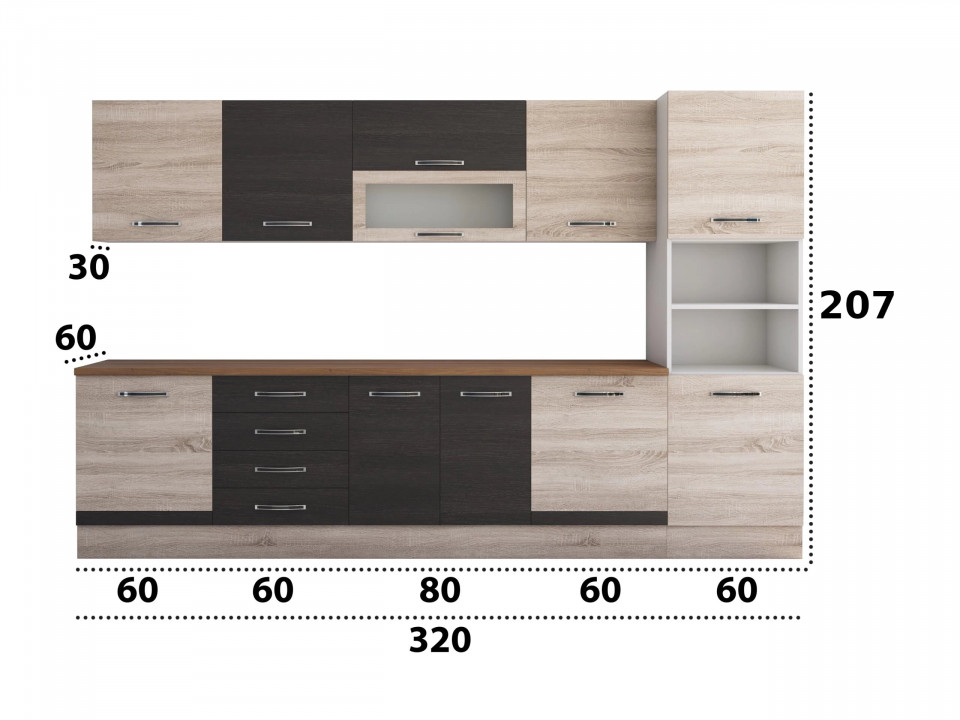 Bucatarie Alfa 320, wenge/sonoma, blat termic nuc, corp pentru cuptor incorporabil