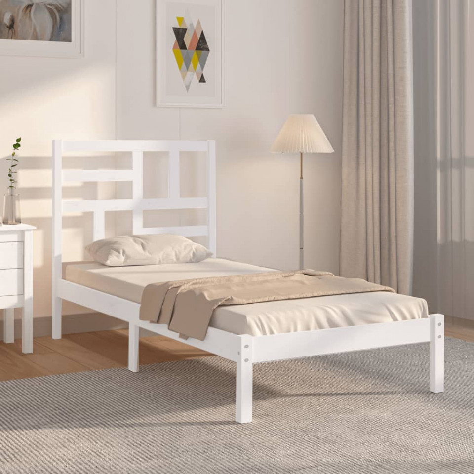 Cadru de pat single, alb, 90x190 cm, lemn masiv