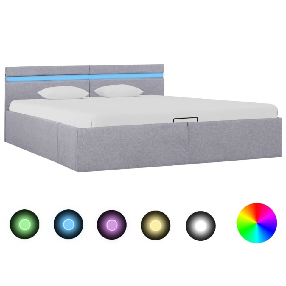 Cadru pat hidraulic cu ladă LED gri deschis 160x200 cm, textil