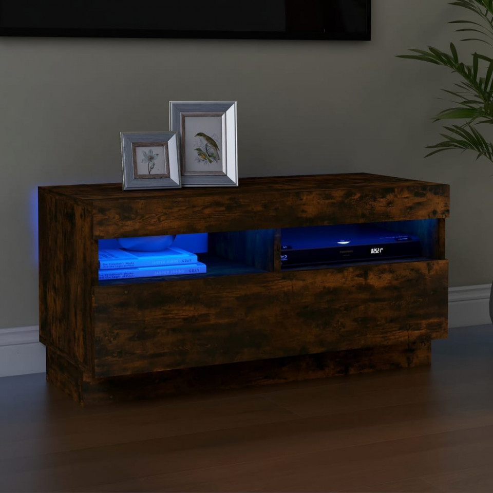 Comodă tv cu lumini led, stejar fumuriu, 80x35x40 cm