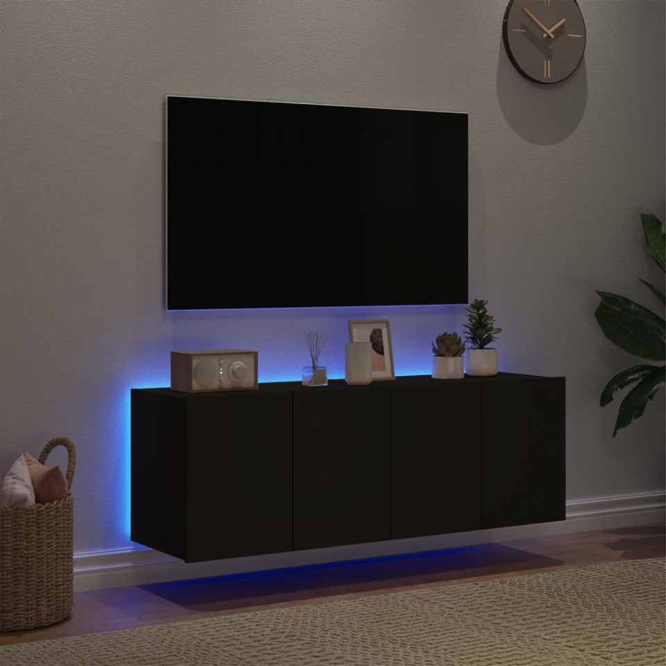 Comode TV de perete cu lumini LED, 2 buc., negru, 60x35x41 cm