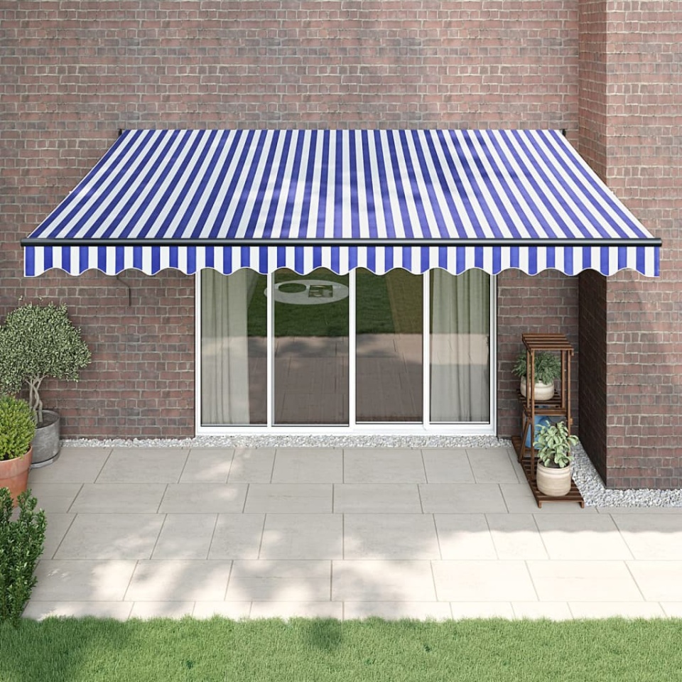 Copertină retractabilă automată, albastru și alb, 4x3 m