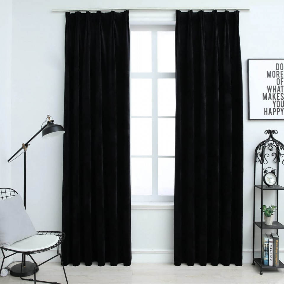 Draperii opace cu cârlige, 2 buc., negru, 140x245 cm, catifea