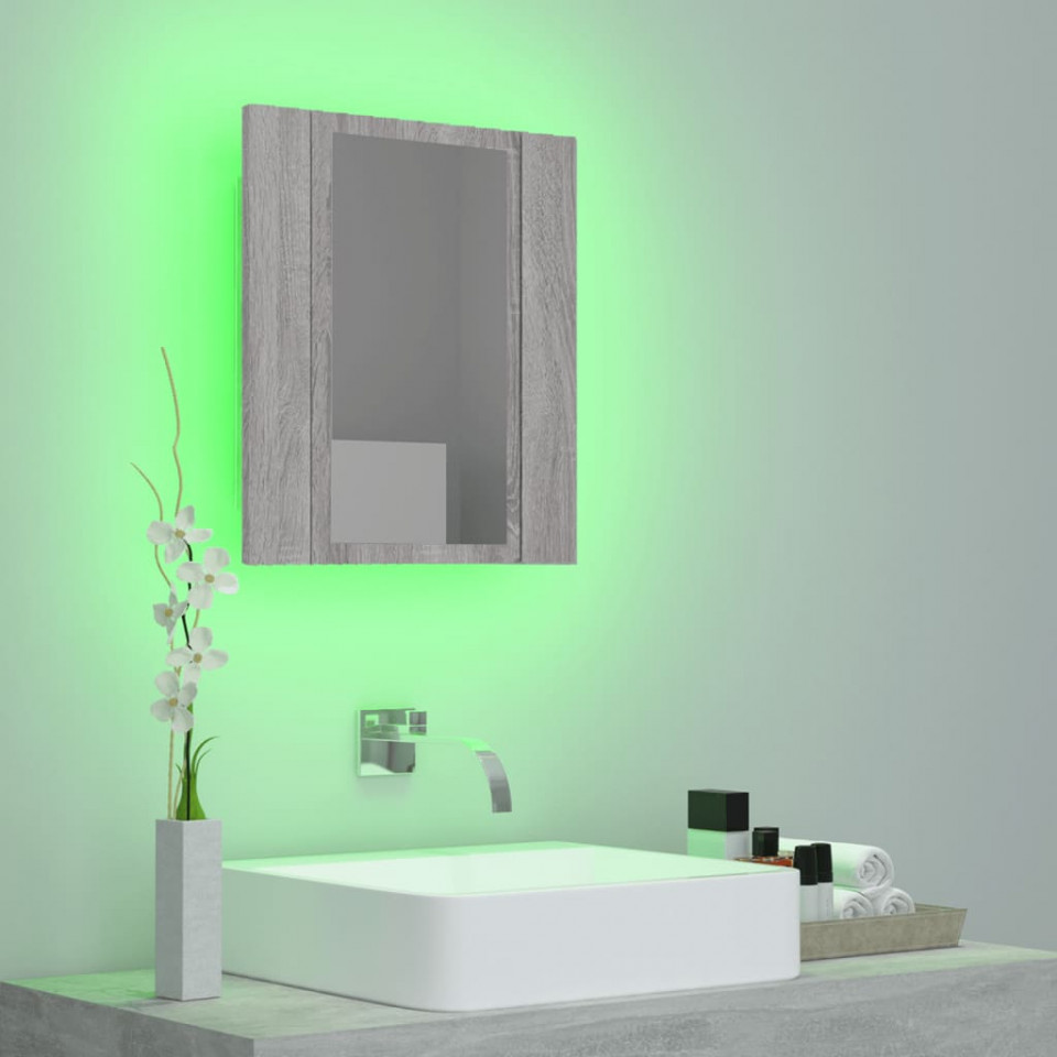 Dulap cu oglindă cu LED de baie, gri sonoma, 40x12x45 cm, lemn