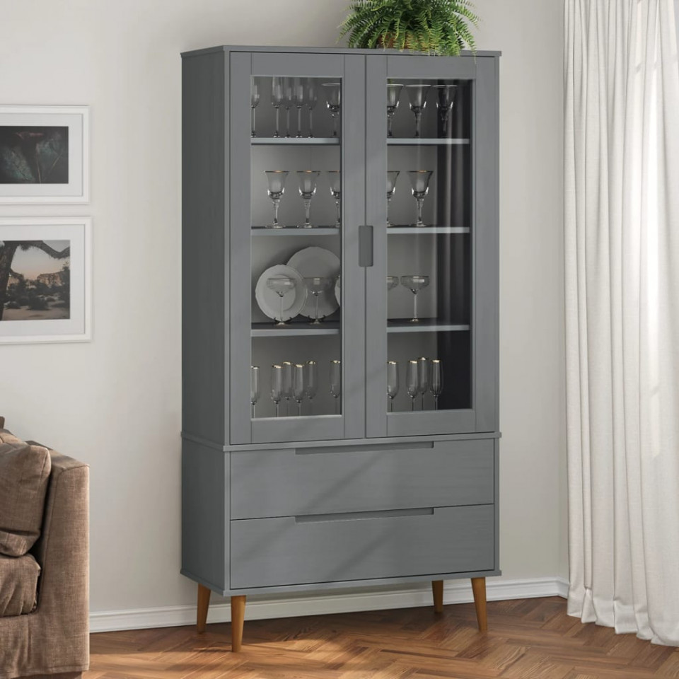 Dulap cu vitrină, gri, 90x35x175 cm, lemn masiv de pin