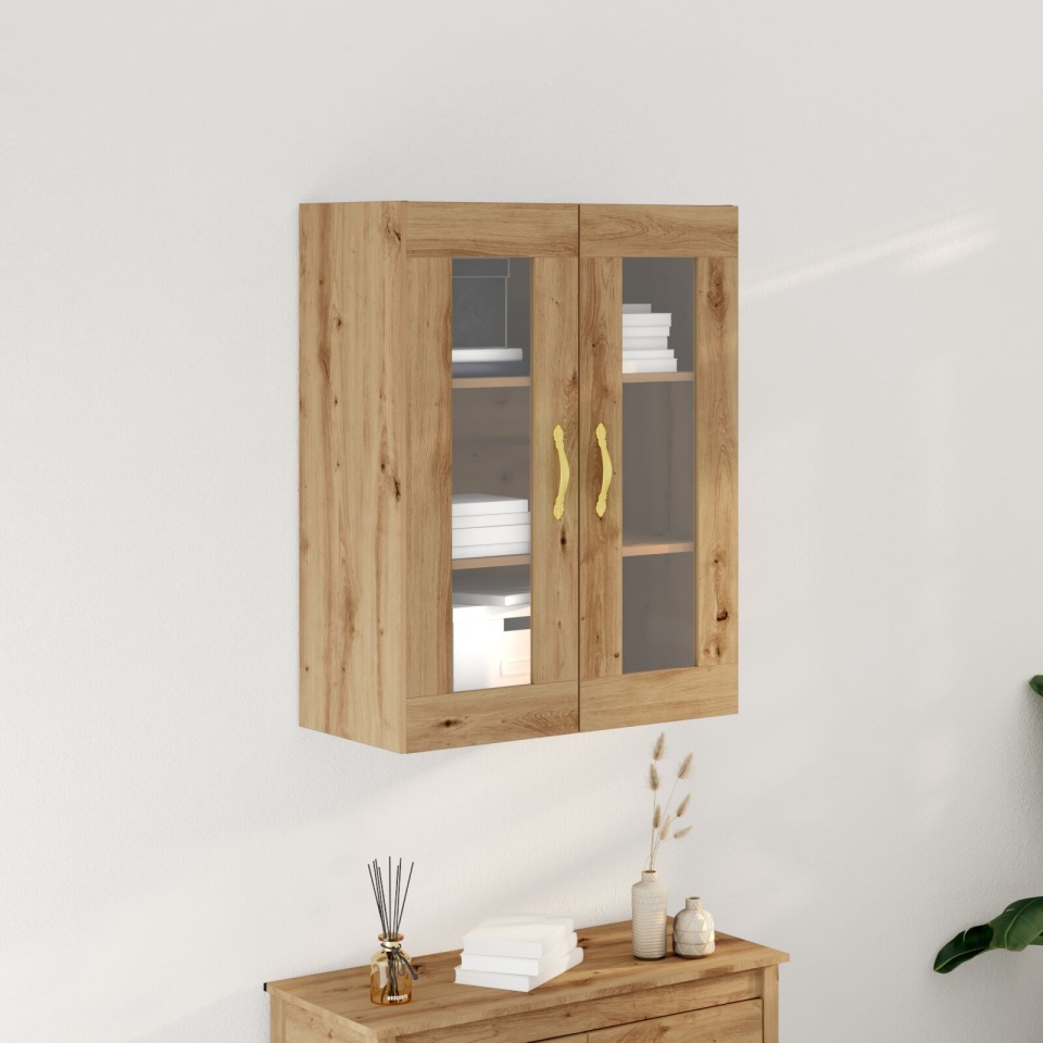 Dulap de perete cu uși din sticlă Stejar artizanal 69,5x34x90 cm