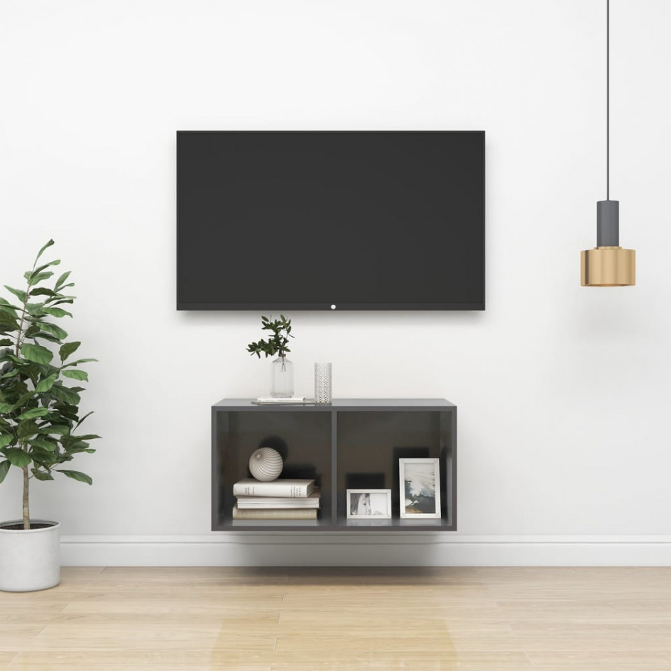 Dulap tv montat pe perete, gri extralucios, 37x37x72 cm, pal