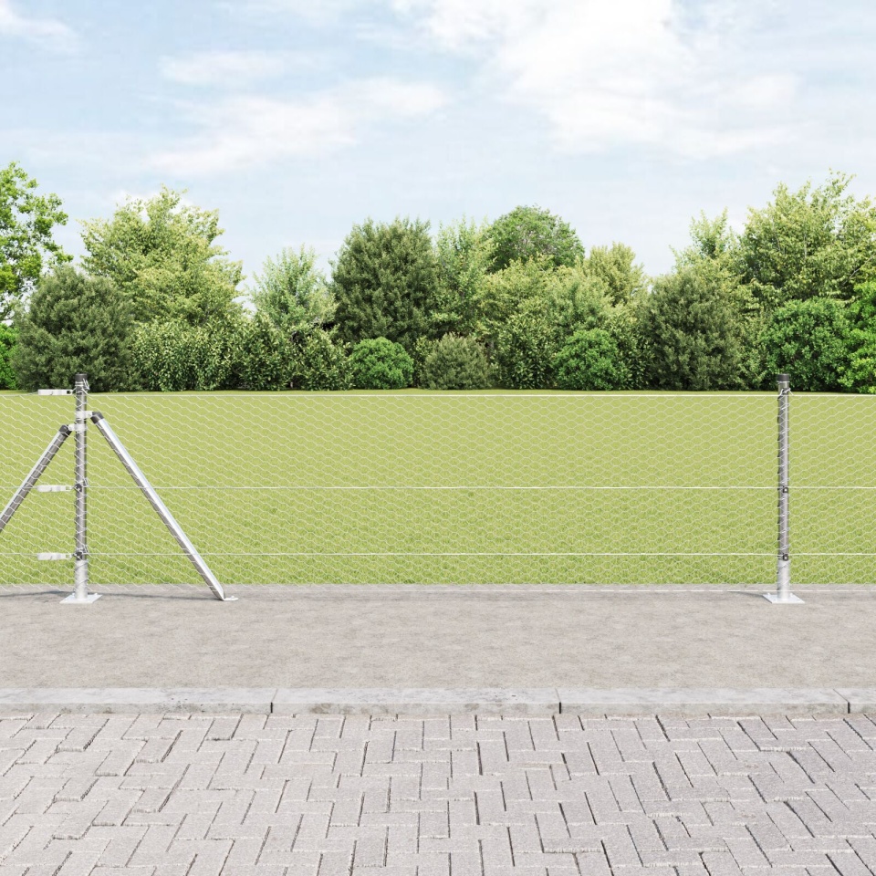 Gard Hexagonal 0.6 x 25 m Oțel Galvanizat, Stâlpi de Gard cu Plăci de Bază 13 pcs Ø32mm 70cm Oțel Galvanizat