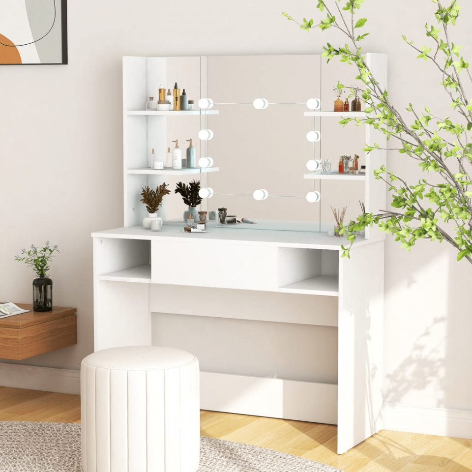 Masă de machiaj cu lumini led, alb, 100x40x135 cm, mdf