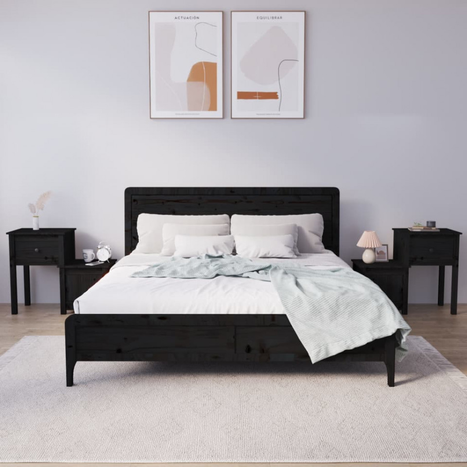 Noptiere, 2 buc., negru, 79,5x38x65,5 cm, lemn masiv de pin