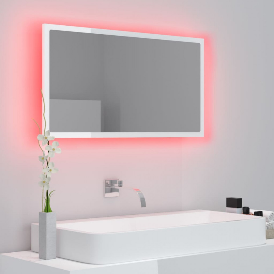 Oglindă de baie cu LED, alb extralucios, 80x8,5x37 cm, PAL