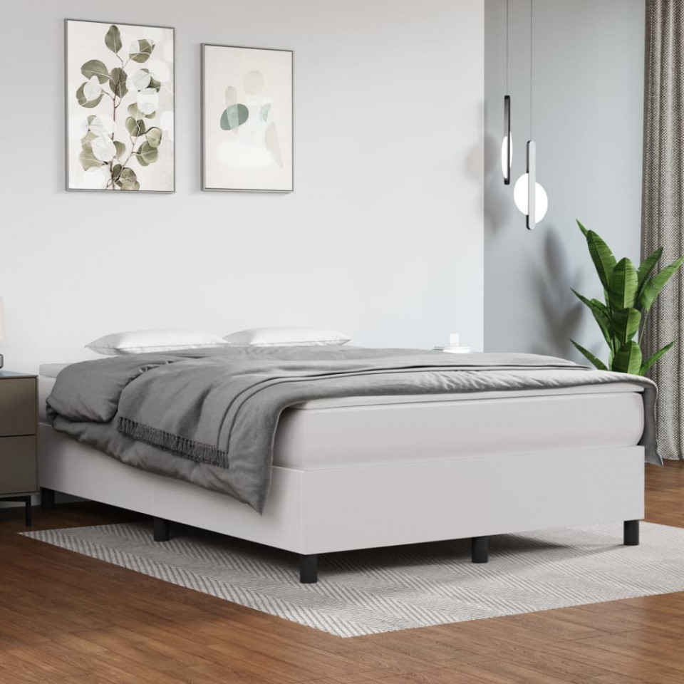 Pat box spring cu saltea, alb, 140x200 cm, piele ecologică