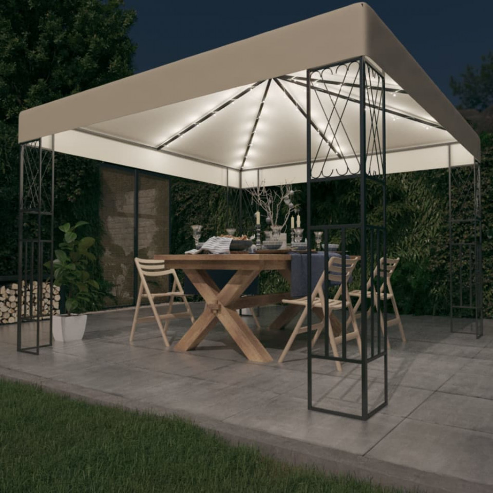 Pavilion cu șir de lumini, crem, 3x3 m, material textil