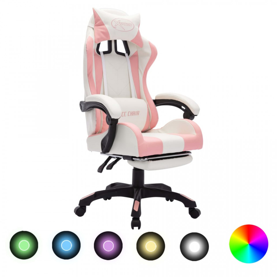 Scaun de racing cu led rgb, roz si alb, piele ecologică