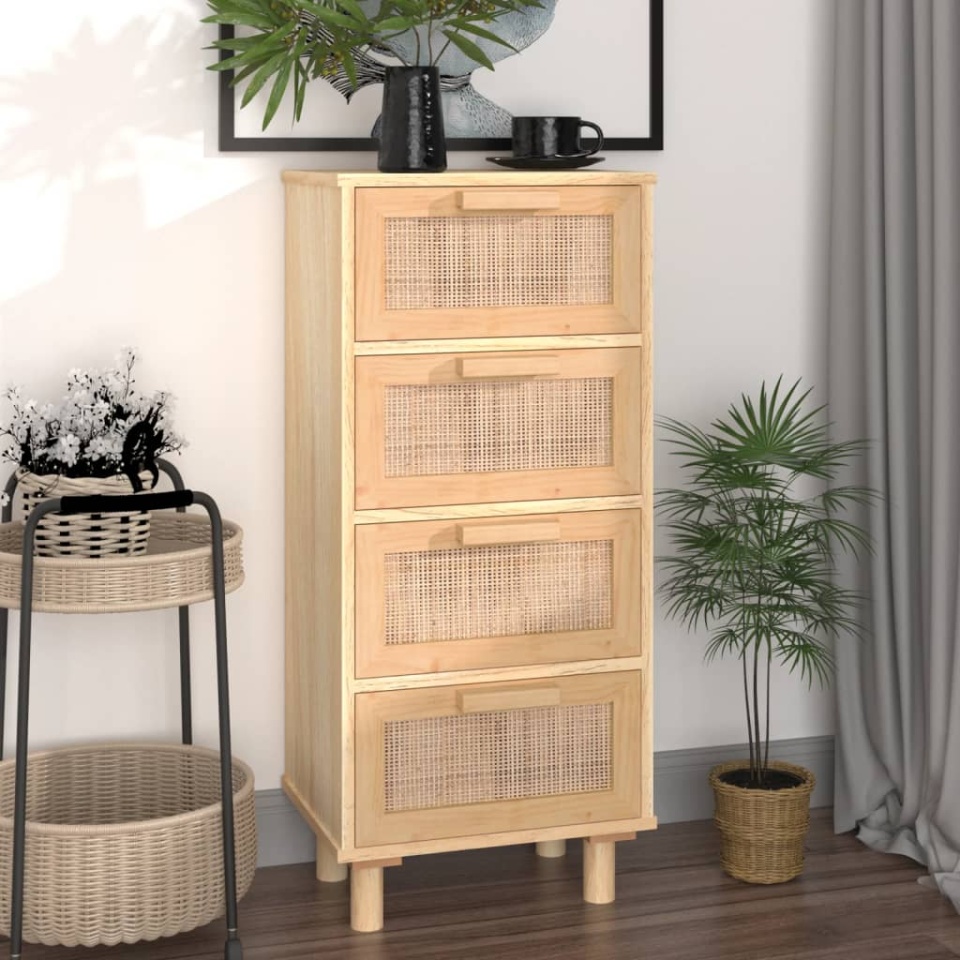 Servantă, maro, 40x30x90 cm, lemn masiv pin și ratan natural