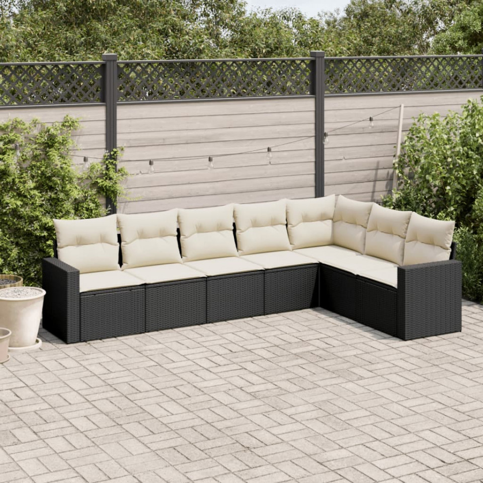Set canapele de grădină cu perne, 7 piese, negru, poliratan