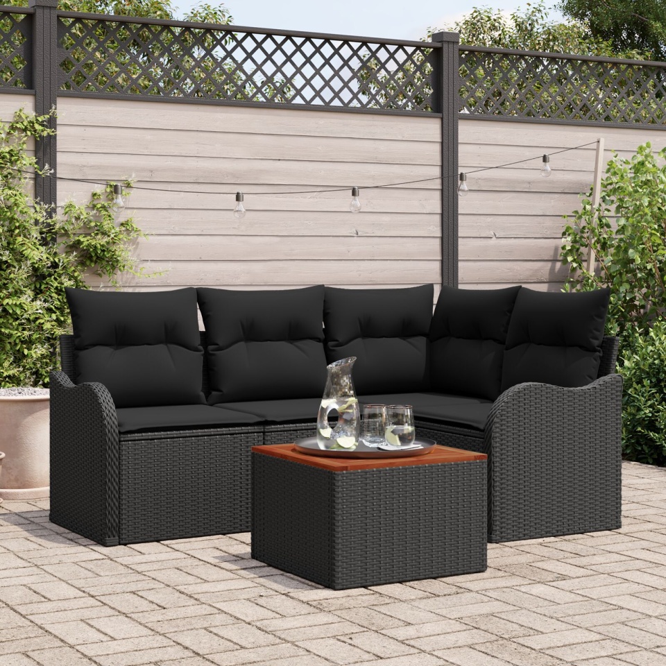 Set Canapele Grădină cu Perne Negru Ratan Polimeric Acacia, Canapea Grădină cu 2 Locuri și Spațiu Stocare & Perne Negru Ratan Polimeric