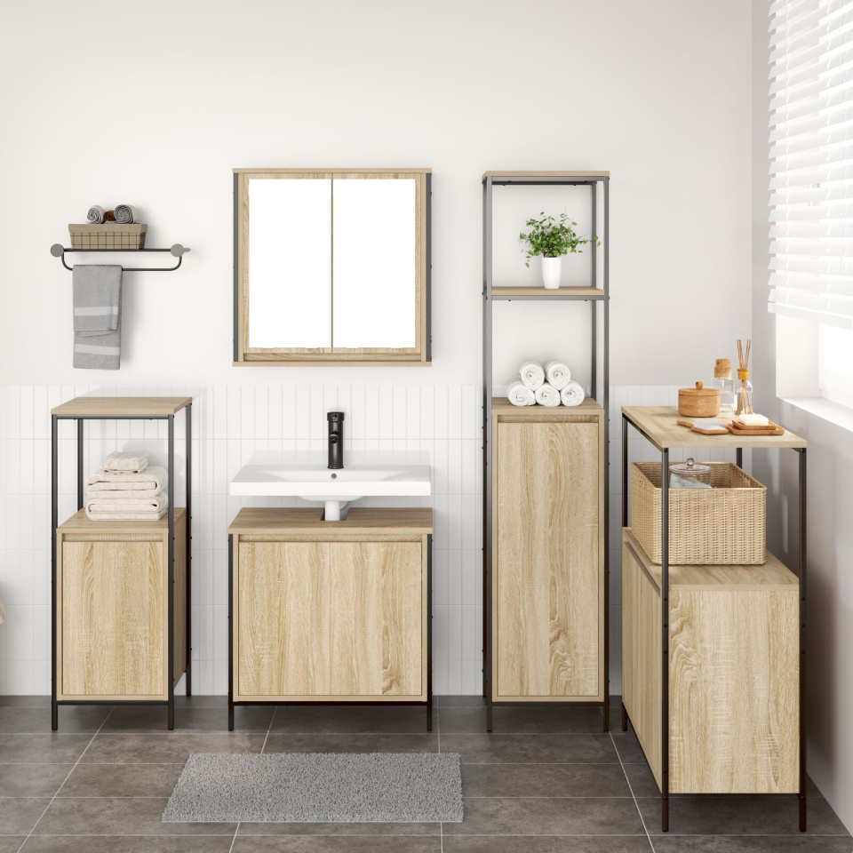 Set de mobilier pentru baie , 5 piese din lemn prelucrat, culoare stejar sonoma