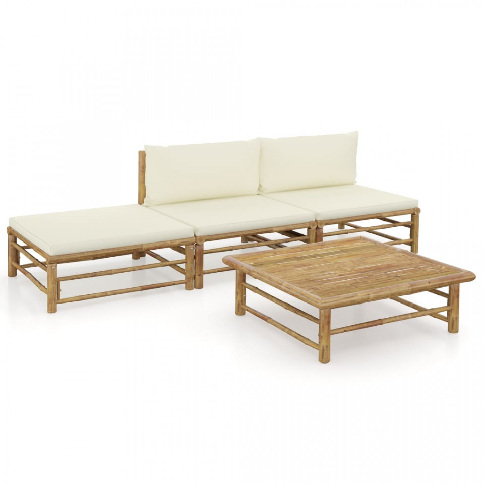 Poza Set mobilier de gradina, 4 piese, perne alb crem, bambus