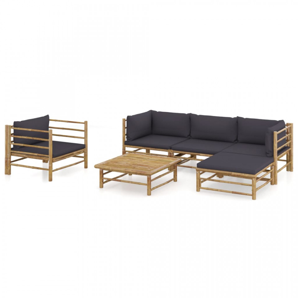 Set mobilier de grădină, 6 piese, perne gri închis, bambus