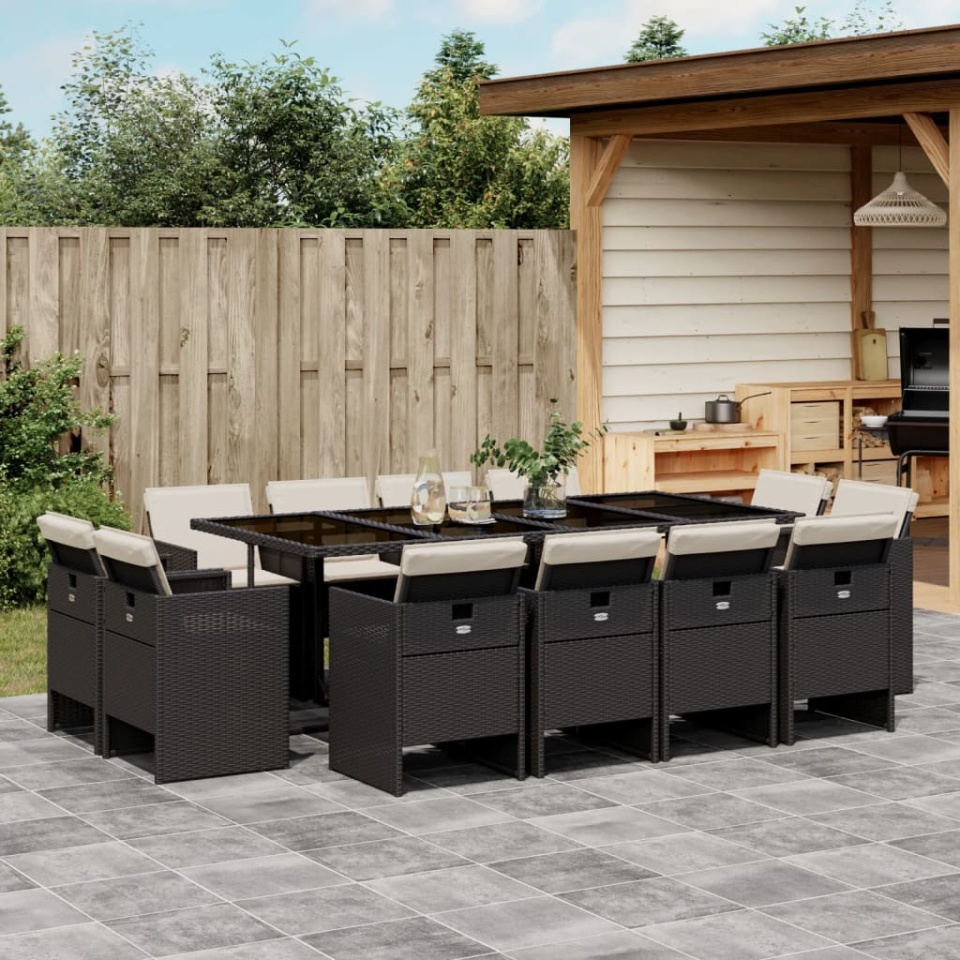 Set mobilier de grădină cu perne, 13 piese, negru, poliratan