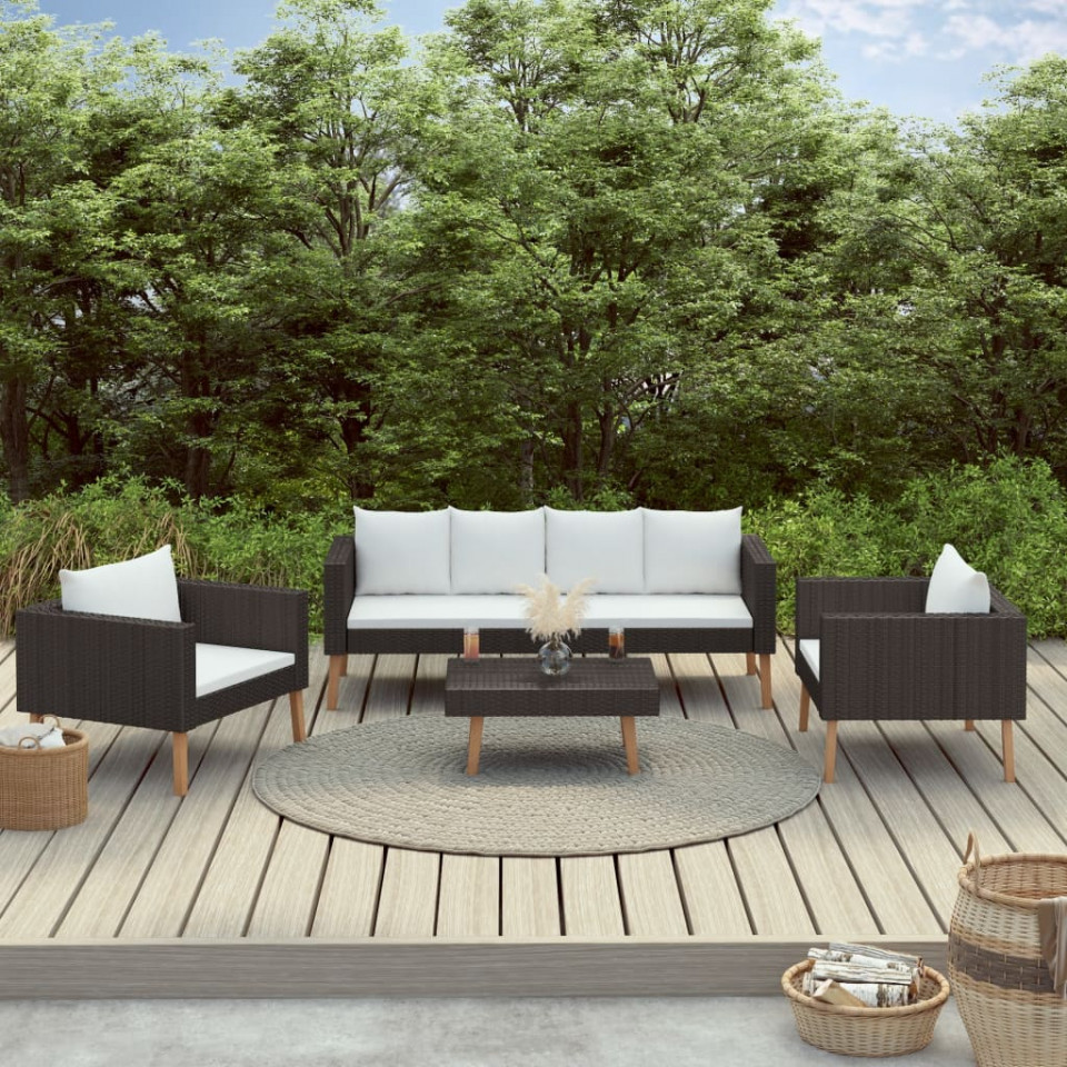 Set mobilier de grădină cu perne, 4 piese, negru, poliratan