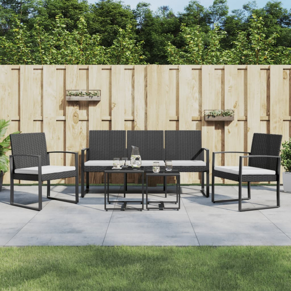 Set mobilier de grădină cu perne, 5 piese, negru, pp ratan