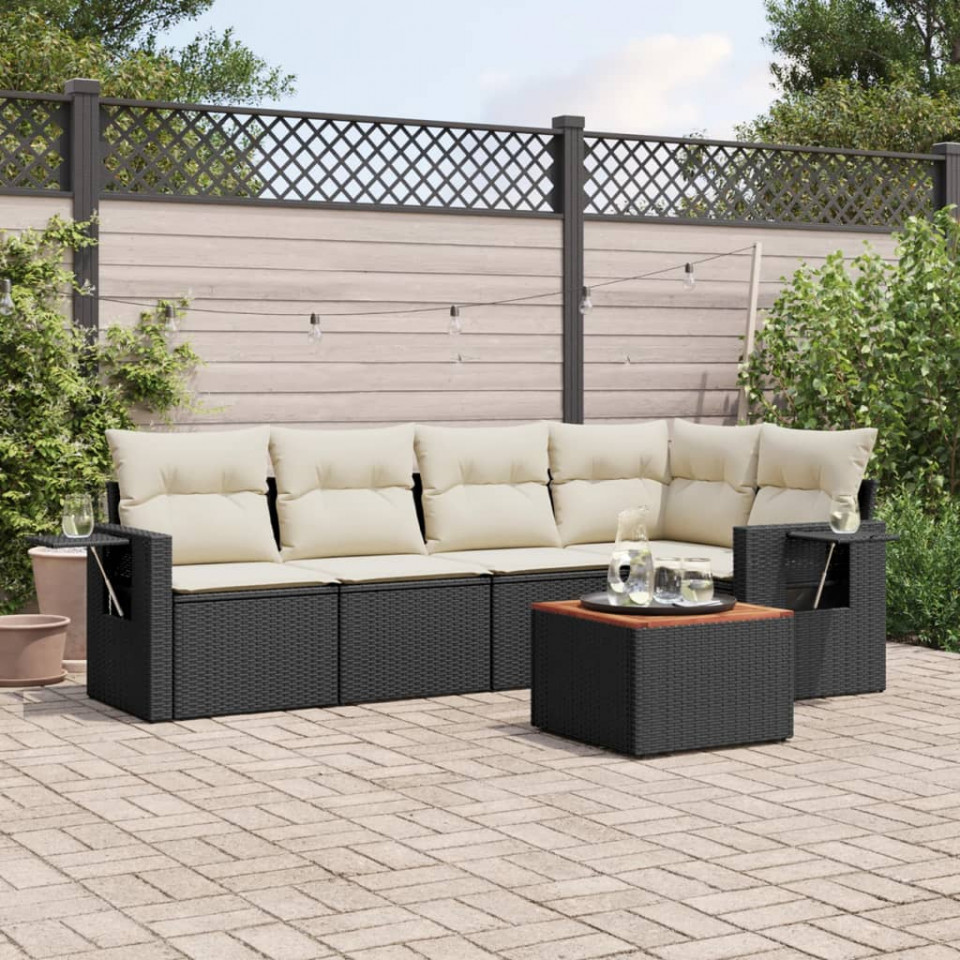 Set mobilier de grădină cu perne, 6 piese, negru, poliratan
