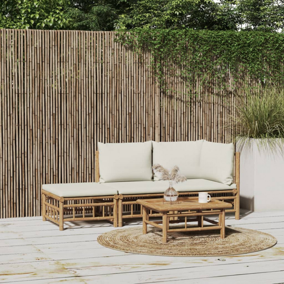 Poza Set mobilier de gradina, cu perne alb crem, 3 piese, bambus
