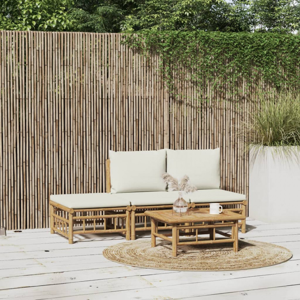 Poza Set mobilier de gradina, cu perne alb crem, 4 piese, bambus