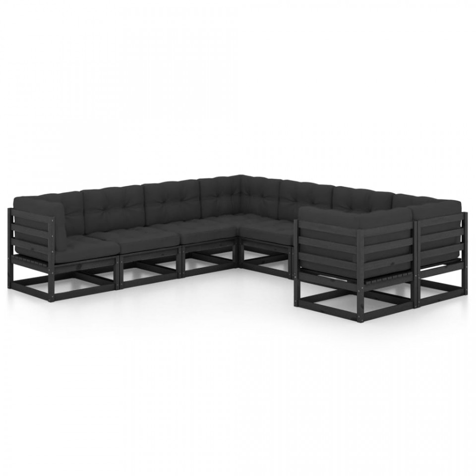Set mobilier grădină cu perne, 8 piese, negru, lemn masiv pin