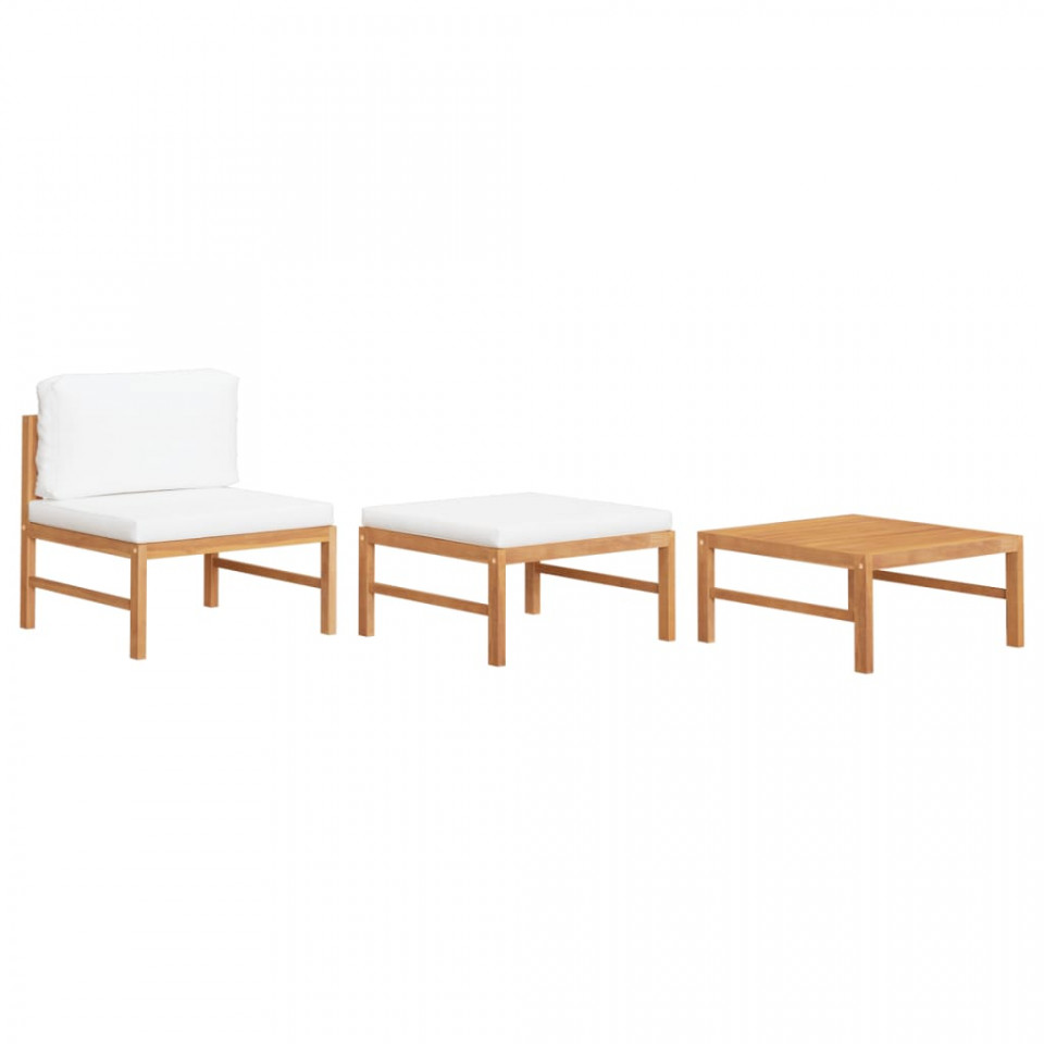 Set mobilier grădină cu perne crem, 3 piese, lemn de tec