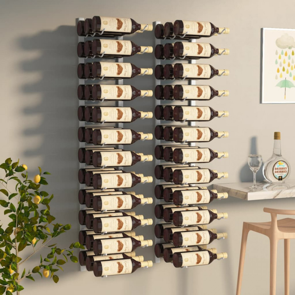 Suport sticle vin montat pe perete 36 sticle, 2 buc. alb fier
