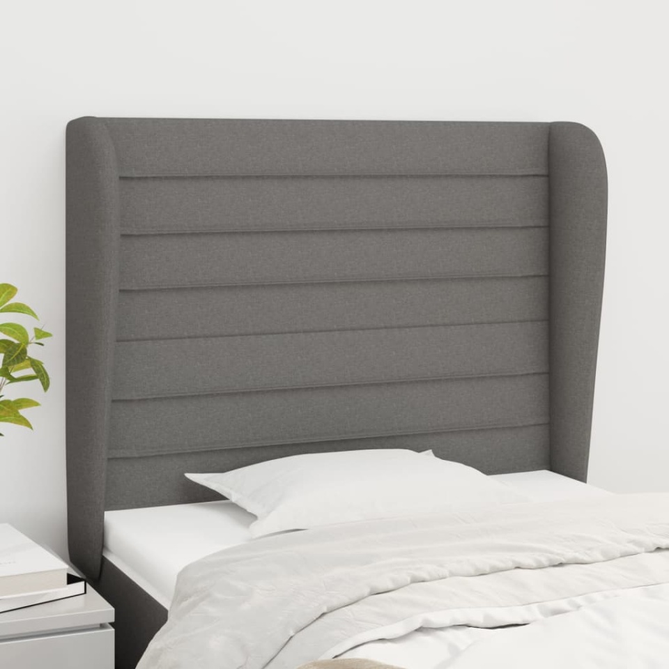 Tăblie de pat cu aripioare gri închis 103x23x118/128 cm textil