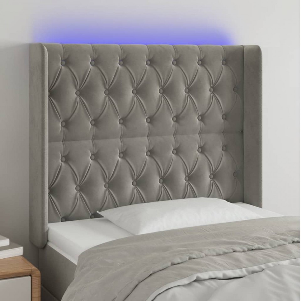 Tăblie de pat cu LED, gri deschis, 103x16x118/128 cm, catifea