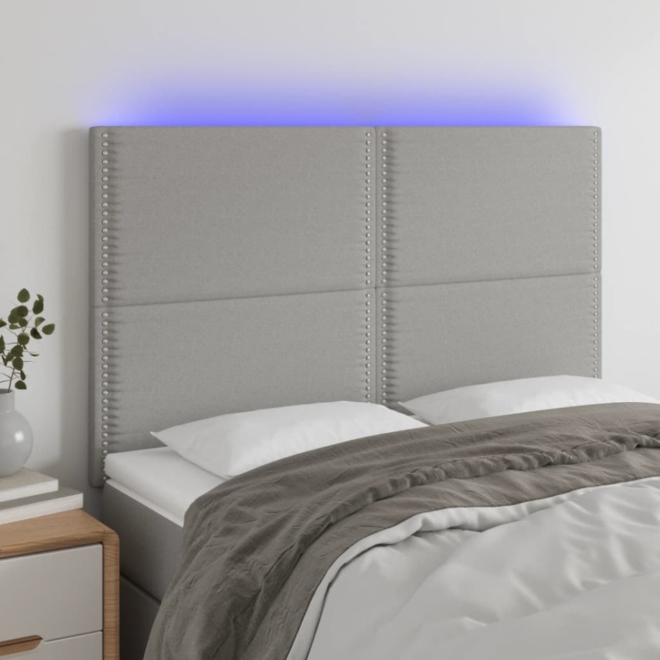 Tăblie de pat cu LED, gri deschis, 144x5x118/128 cm, textil