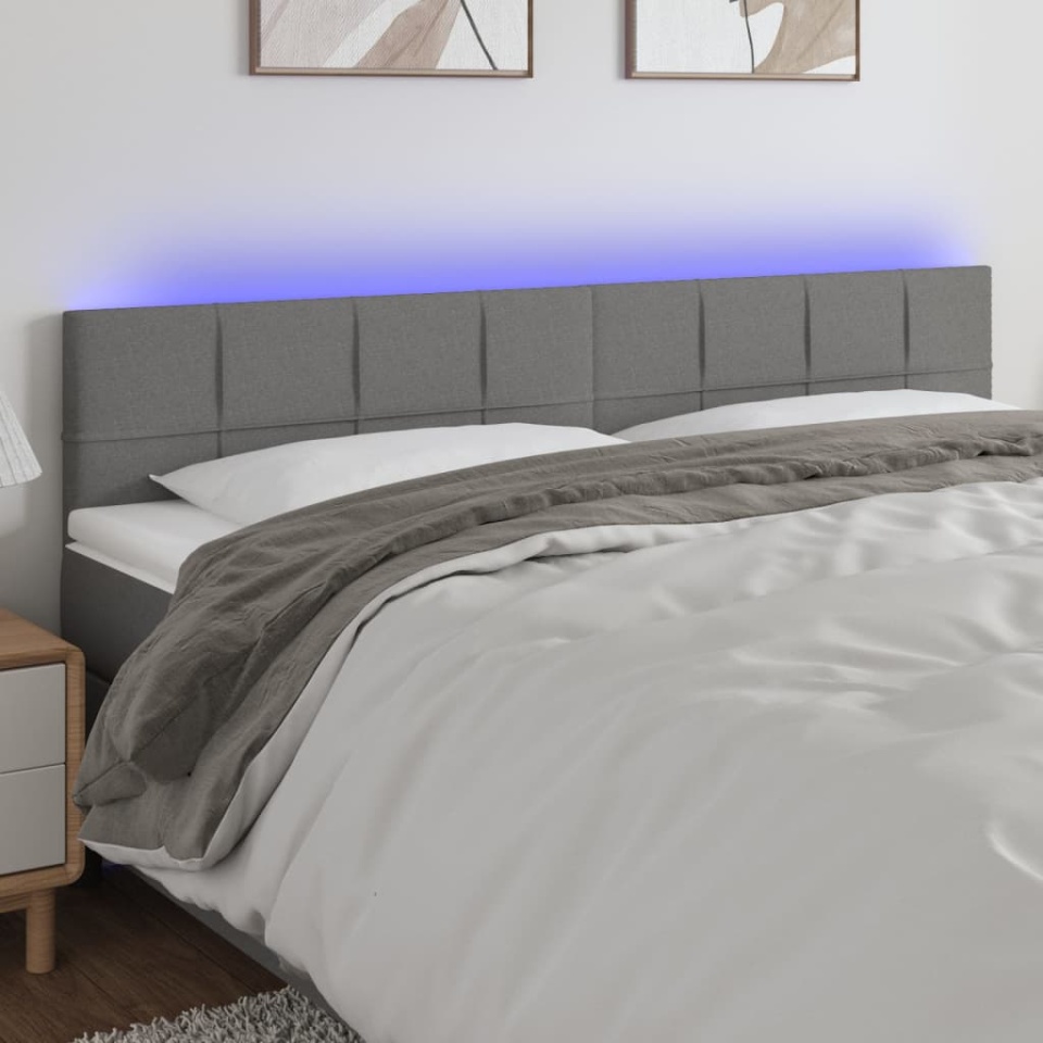 Tăblie de pat cu LED, gri închis, 200x5x78/88 cm, textil