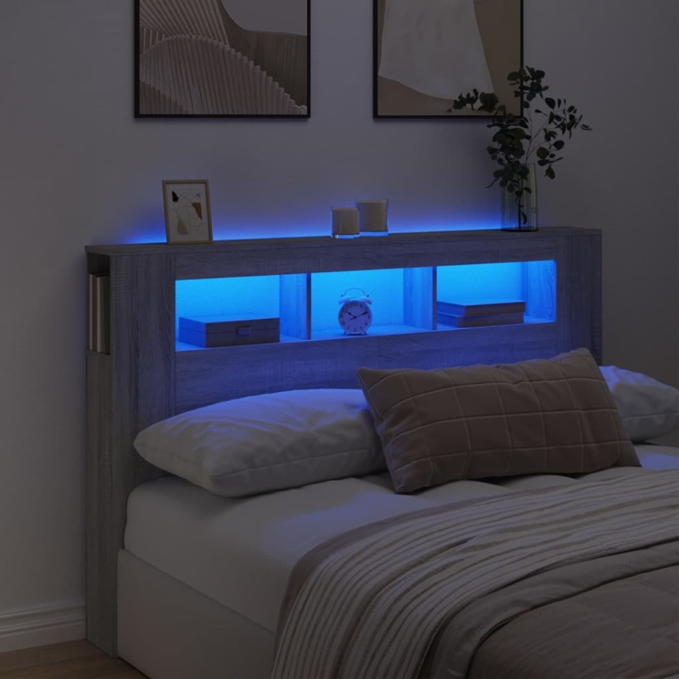 Tăblie de pat cu LED, gri sonoma, 160x18,5x103,5 cm, lemn
