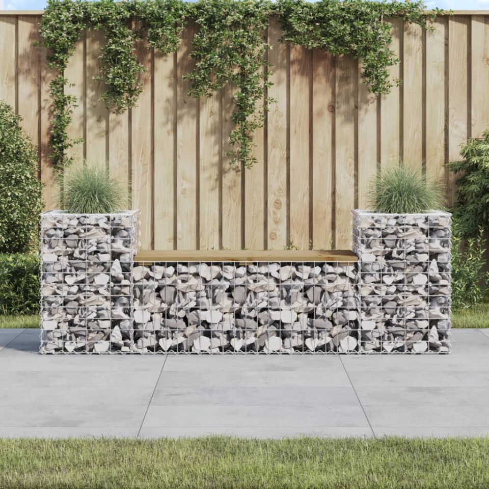 Bancă de grădină cu gabion, 183x41x60,5 cm, lemn pin impregnat