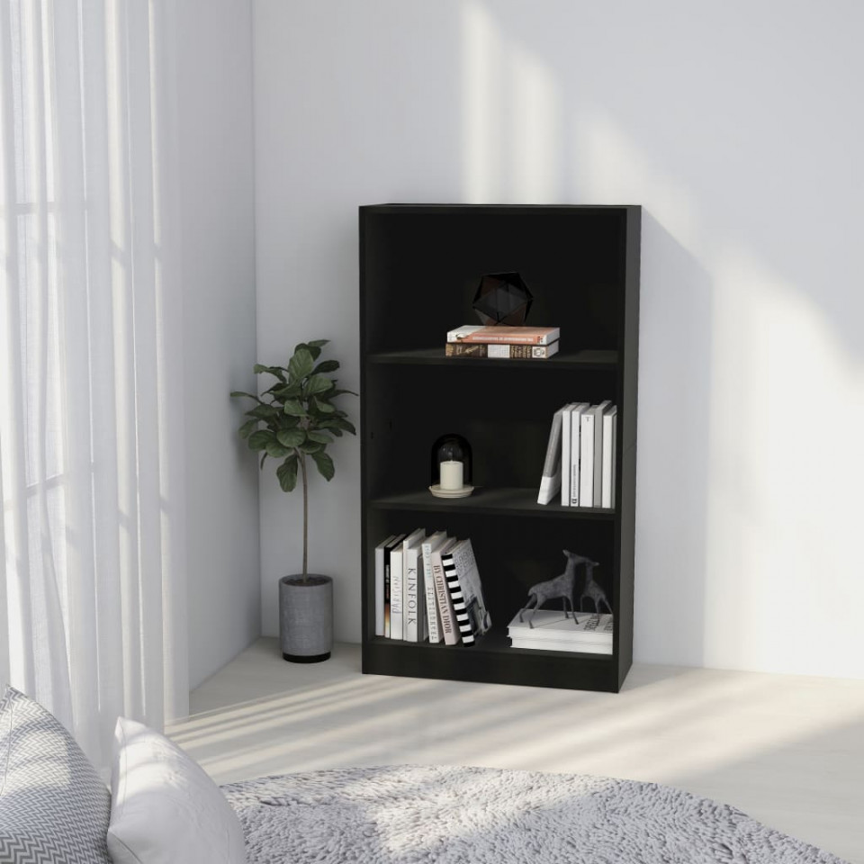 Bibliotecă cu 3 rafturi, negru, 60x24x109 cm, lemn compozit