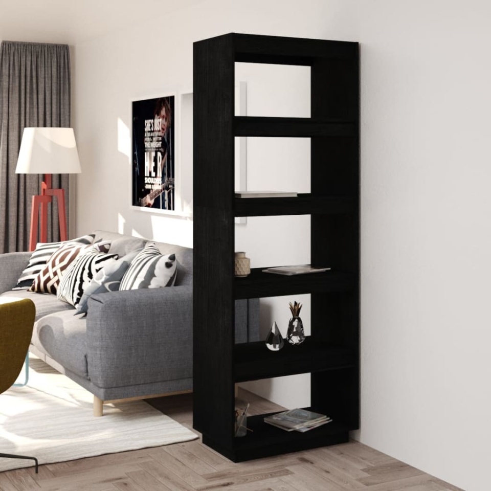 Bibliotecă/Separator cameră negru 60x35x167 cm lemn masiv pin