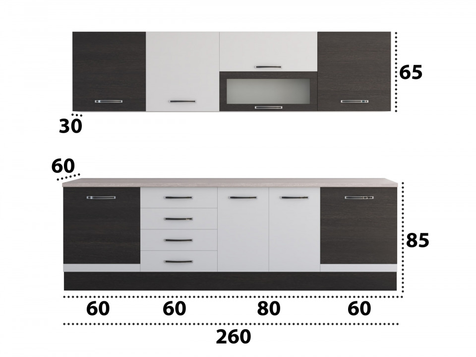 Bucatarie Alfa 260, Cu vitrina, Alb/Wenge, Blat termic travertin