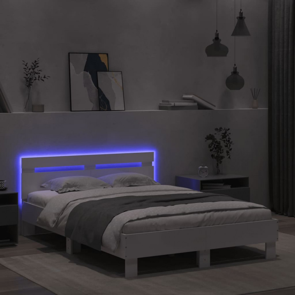 Cadru de pat cu tăblie și LED, alb, 120x200 cm