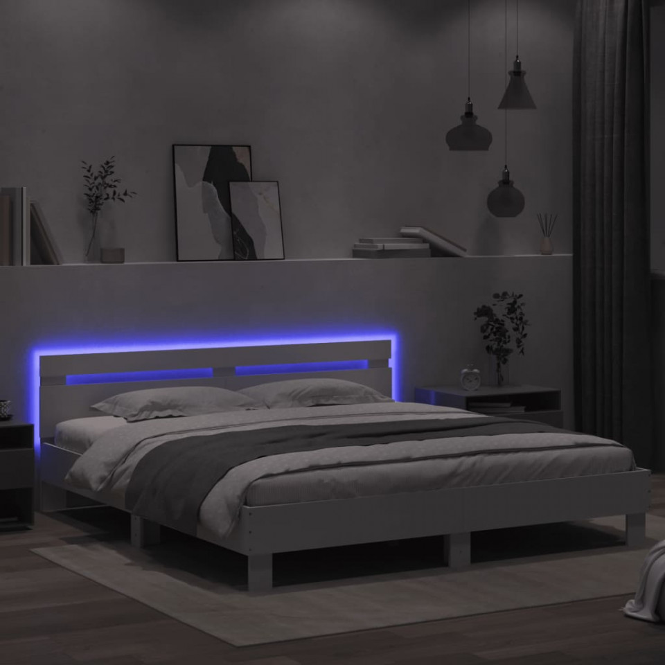 Cadru de pat cu tăblie și LED, alb, 160x200 cm